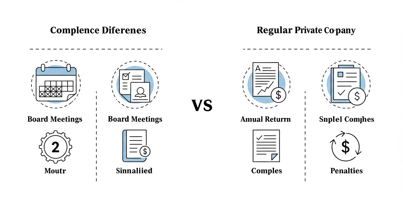 small company definition 2026 - Side-by-side comparison chart graphic illustrating the compliance differences between a 'Small Company' and a 'Regular Private Company'. Use icons: a calendar for Board Meetings (2 vs 4), a document for Annual Return (simple vs complex), a dollar sign for Penalties (low vs high).