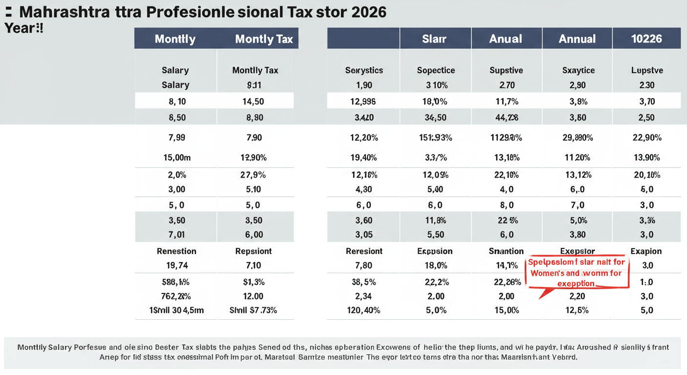 maharashtra professional tax online payment - A clean, high-quality graphic table showing the Maharashtra Professional Tax Slabs for 2026, with columns for Monthly Salary, Monthly Tax, and Annual Tax, highlighting the exemption for women.