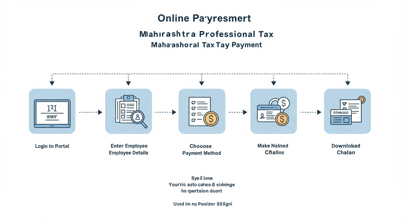 maharashtra professional tax online payment - Professional minimalist flowchart showing the 5-step workflow for Maharashtra Professional Tax online payment, from logging in to downloading the challan.
