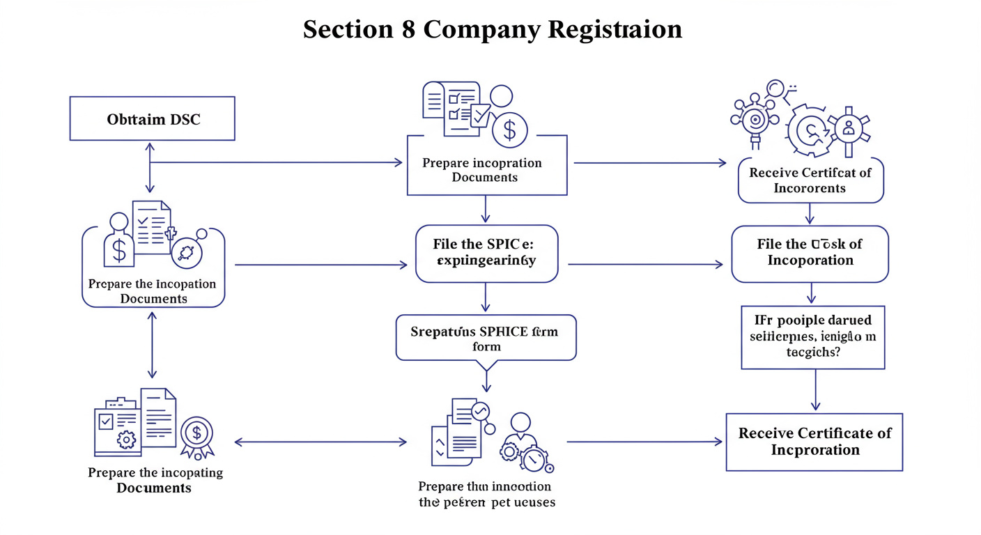 Section 8 Company Registration - Professional minimalist flowchart showing the 8-step workflow of Section 8 company registration, from 'Obtain DSC' to 'Receive Certificate of Incorporation'.