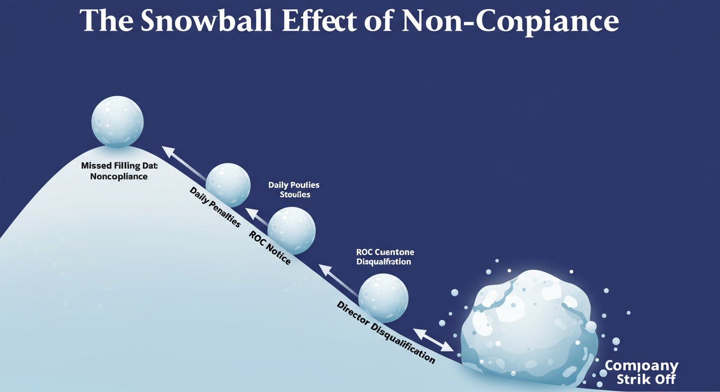 check annual filing status - Educational infographic titled 'The Snowball Effect of Non-Compliance'. It shows a small snowball at the top labeled 'Missed Filing Date' rolling down a hill, getting larger as it hits 'Daily Penalties', 'ROC Notice', 'Director Disqualification', and finally crashing at the bottom as a huge snowball labeled 'Company Struck Off'.