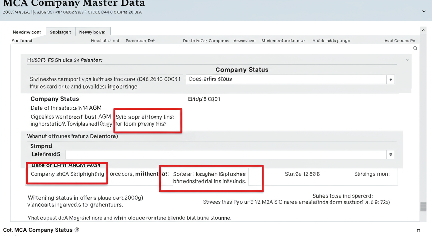 check annual filing status - Detailed diagram of the MCA Company Master Data page, with red boxes highlighting the 'Company Status', 'Date of Last AGM', and 'Date of Balance Sheet' fields, explaining what each one means.