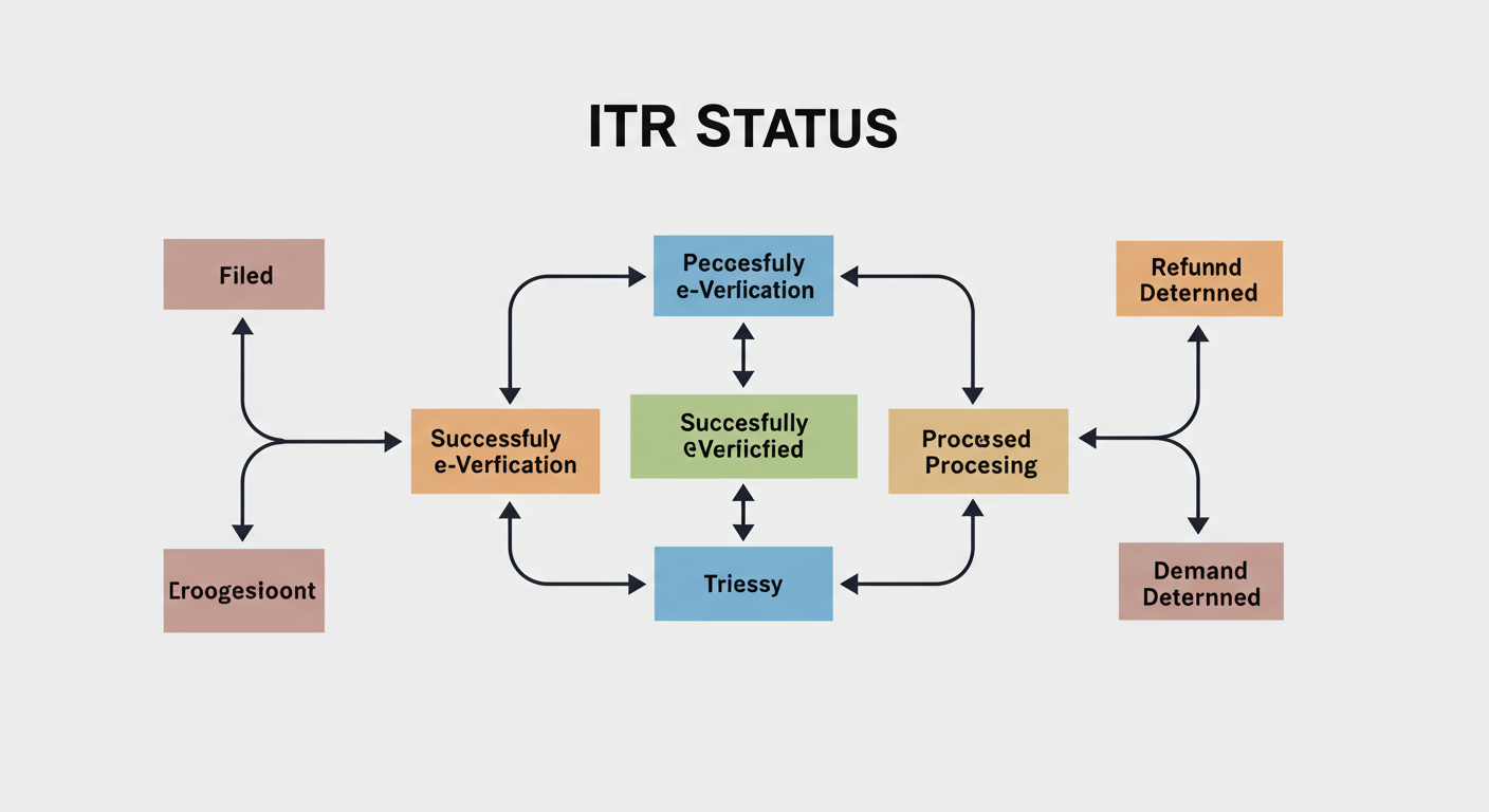 check annual filing status - Professional minimalist flowchart showing the ITR status lifecycle: Filed -> Pending for e-Verification -> Successfully e-Verified -> Under Processing -> Processed -> Refund Issued/Demand Determined.