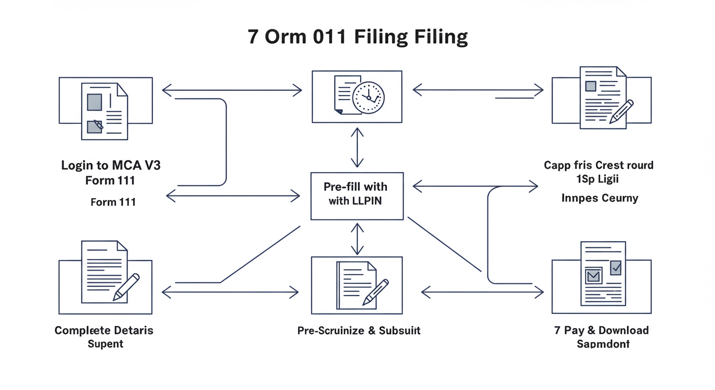 Form 11 LLP Filing 2026: A Guide to Avoiding Crippling Penalties 2 Form 11 LLP filing - A minimalist flowchart diagram illustrating the 7 steps of the Form 11 filing process. Each step is a clean box with a number and a short title, connected by arrows: 1. Login to MCA V3 -> 2. Locate Form 11 -> 3. Pre-fill with LLPIN -> 4. Complete Details -> 5. Attach DSC -> 6. Pre-Scrutinize & Submit -> 7. Pay & Download.