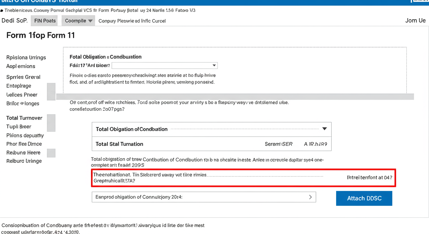 Form 11 LLP Filing 2026: A Guide to Avoiding Crippling Penalties 3 Form 11 LLP filing - A mock-up screenshot of the MCA V3 portal's Form 11 page. Key fields like 'Total Obligation of Contribution', 'Total Turnover', and the 'Attach DSC' button are highlighted with red boxes and annotations.