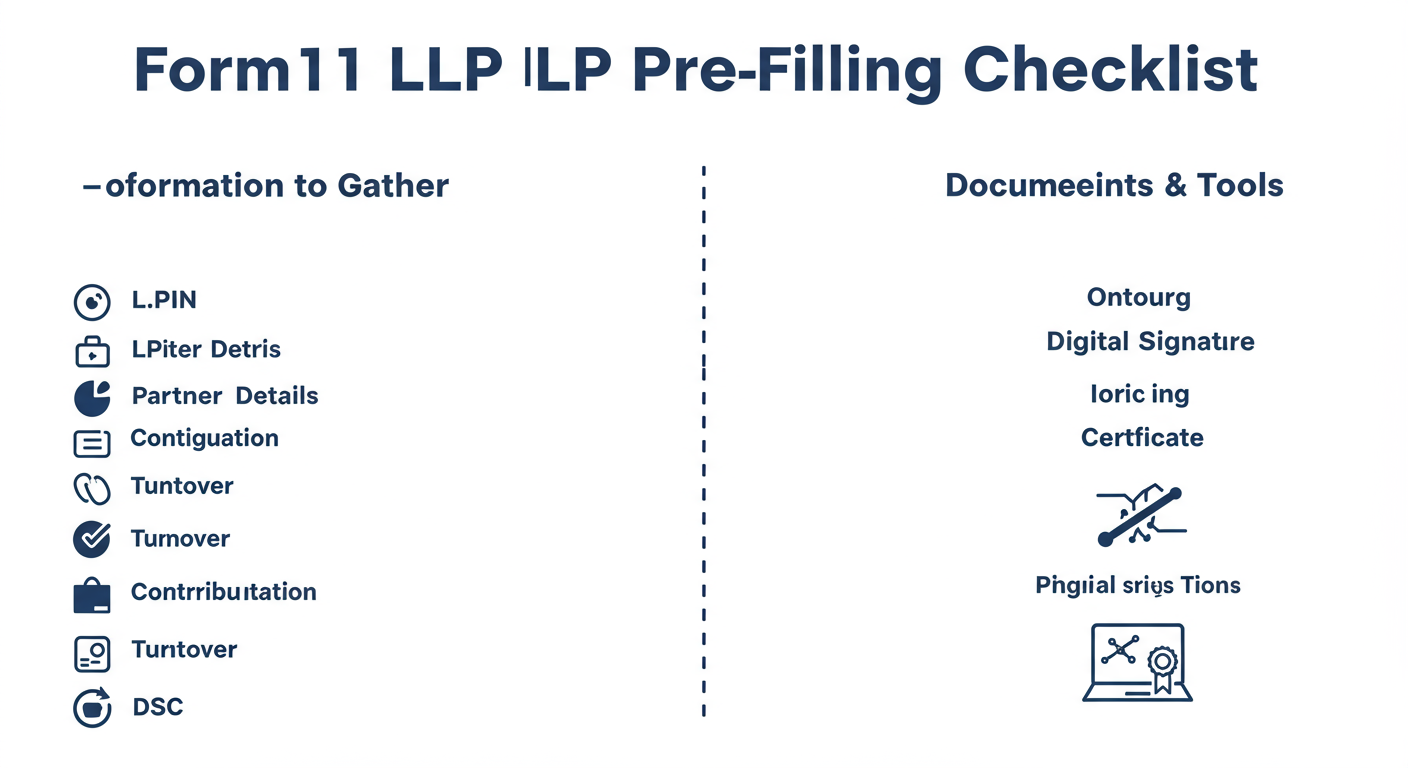 Form 11 LLP Filing 2026: A Guide to Avoiding Crippling Penalties 1 Form 11 LLP filing - A clean, professional infographic titled "Form 11 LLP Pre-Filing Checklist". The infographic is split into two columns: "Information to Gather" with icons for data points (LLPIN, Partner Details, Contribution, Turnover) and "Documents & Tools" with icons for a digital signature certificate (DSC) and a laptop.