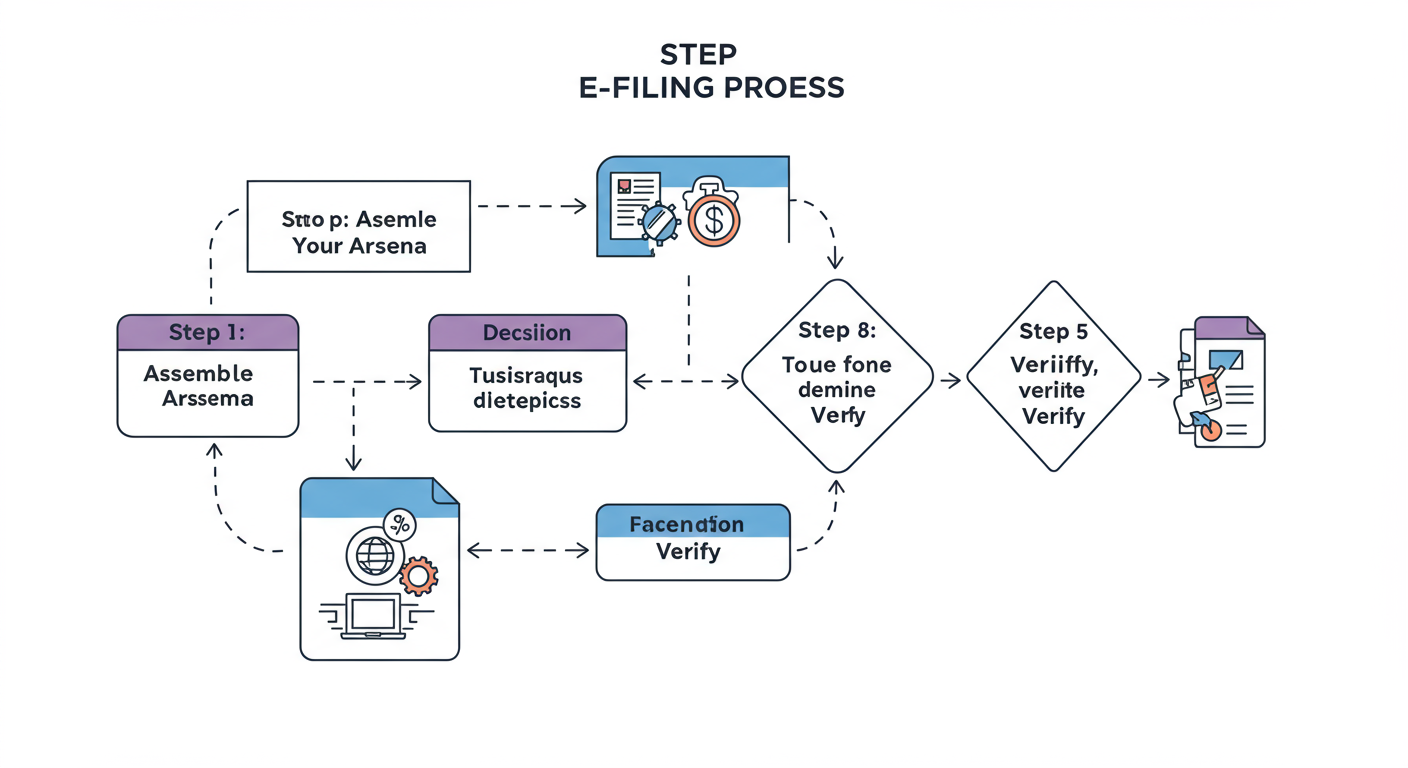E-Filing Guide 2026: File Taxes & Returns Like a Pro 2 E-filing guide - A clean, professional flowchart diagram illustrating the 5-step e-filing process, from 'Step 1: Assemble Your Arsenal' to 'Step 5: Verify, Verify, Verify'.