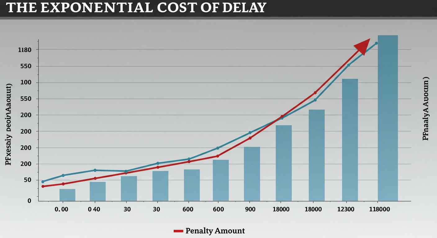 Form DIR-12 Filing - A dramatic data trend graph titled 'The Exponential Cost of Delay'. The x-axis shows 'Days Late' (0, 30, 60, 90, 180) and the y-axis shows 'Penalty Amount'. The line chart shows a steep, upward curve, visually emphasizing the escalating cost.
