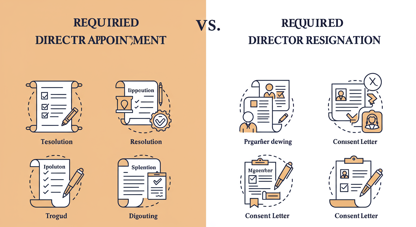 Form DIR-12 Filing - A clean, modern infographic comparing the required documents for Director Appointment vs. Director Resignation in two columns with clear icons for each document type (e.g., a scroll for a resolution, a pen for a consent letter).