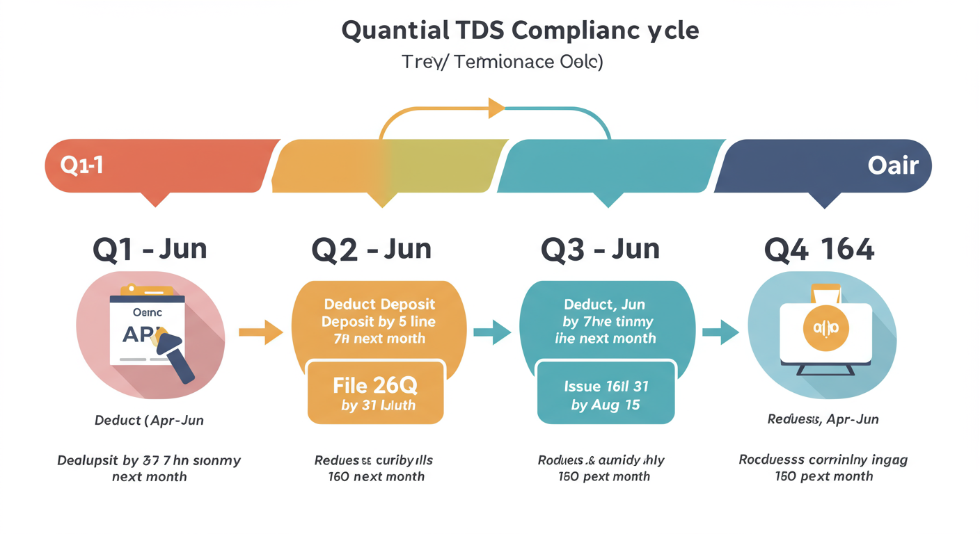 Mastering Section 194C in 2026: Your Guide to TDS on Payments 2 Section 194C - A clean, modern infographic timeline showing the quarterly TDS compliance cycle. Q1 (Apr-Jun): Deduct, Deposit by 7th of next month, File 26Q by Jul 31, Issue 16A by Aug 15. Repeat for Q2, Q3, Q4 with corresponding dates.