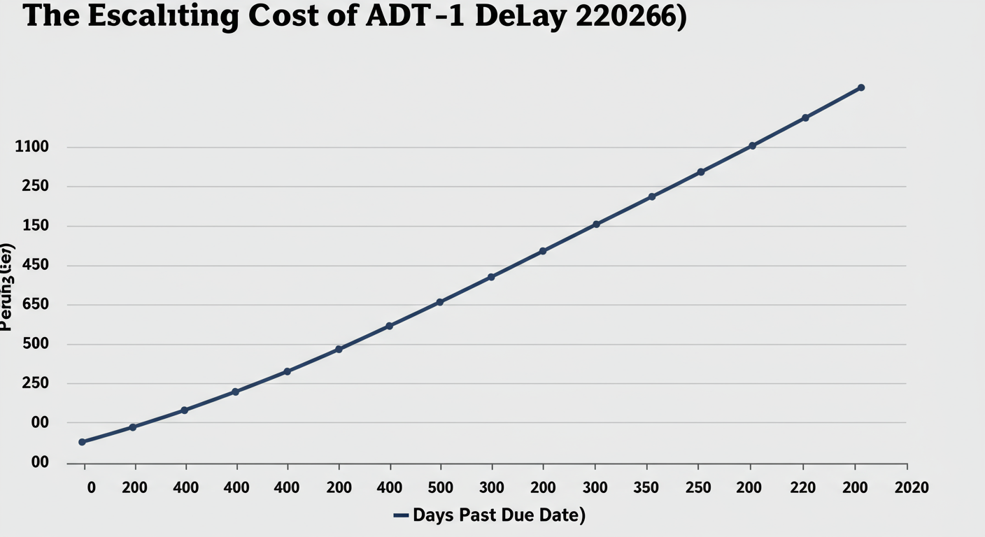 Form ADT 1 Filing in 2026: The Definitive Guide for Directors 3 Form ADT 1 filing - A line graph titled 'The Escalating Cost of ADT-1 Delay (2026)' showing the penalty amount on the Y-axis and 'Days Past Due Date' on the X-axis, with a sharply rising curve.