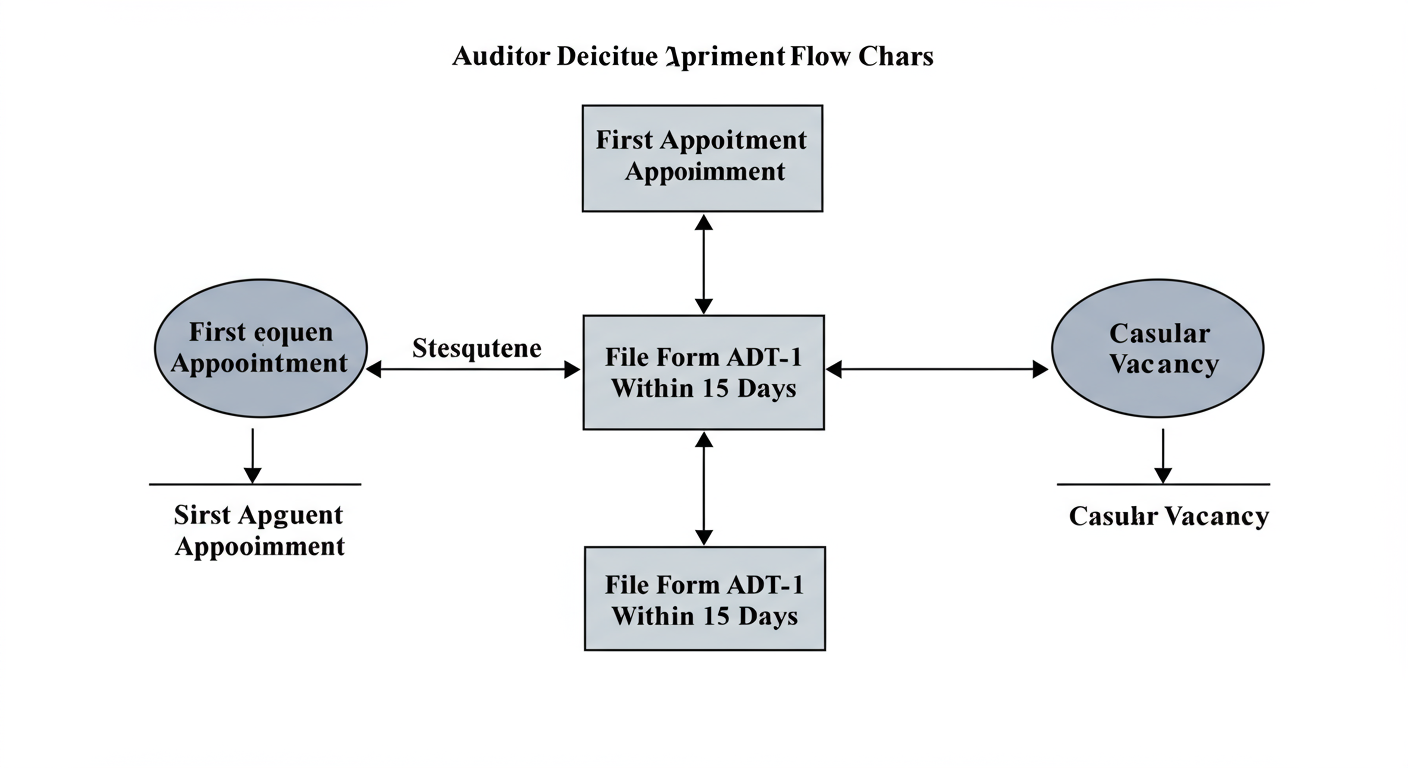 Form ADT 1 Filing in 2026: The Definitive Guide for Directors 1 Form ADT 1 filing - Professional minimalist flowchart showing the three auditor appointment paths (First, Subsequent, Casual Vacancy) leading to a central box labeled 'File Form ADT-1 Within 15 Days'.