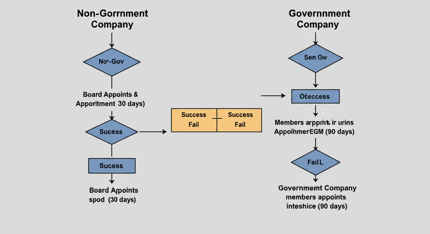 Auditor Appointment in India 2026: The Definitive Guide 1 Appointment of Auditor - Professional minimalist flowchart showing the decision tree for first auditor appointment. Two paths: 'Non-Government Company' and 'Government Company'. The Non-Gov path shows 'Board Appoints (30 days)' -> 'Success' or 'Fail' -> 'Members Appoint in EGM (90 days)'.