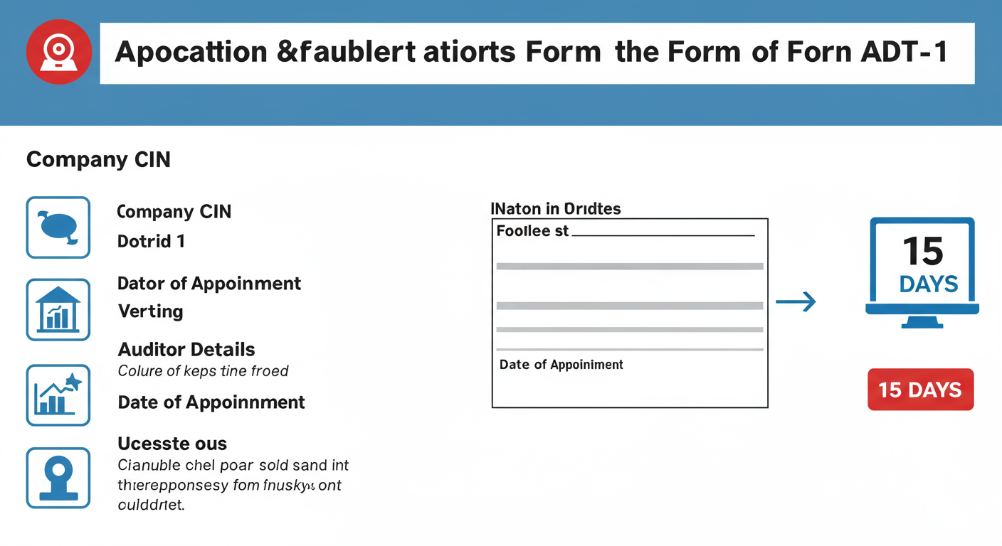 Auditor Appointment in India 2026: The Definitive Guide 2 Appointment of Auditor - Educational infographic breaking down the key fields and deadlines for Form ADT-1. Use icons for 'Company CIN', 'Auditor Details', 'Date of Appointment', and a large '15 DAYS' deadline callout.
