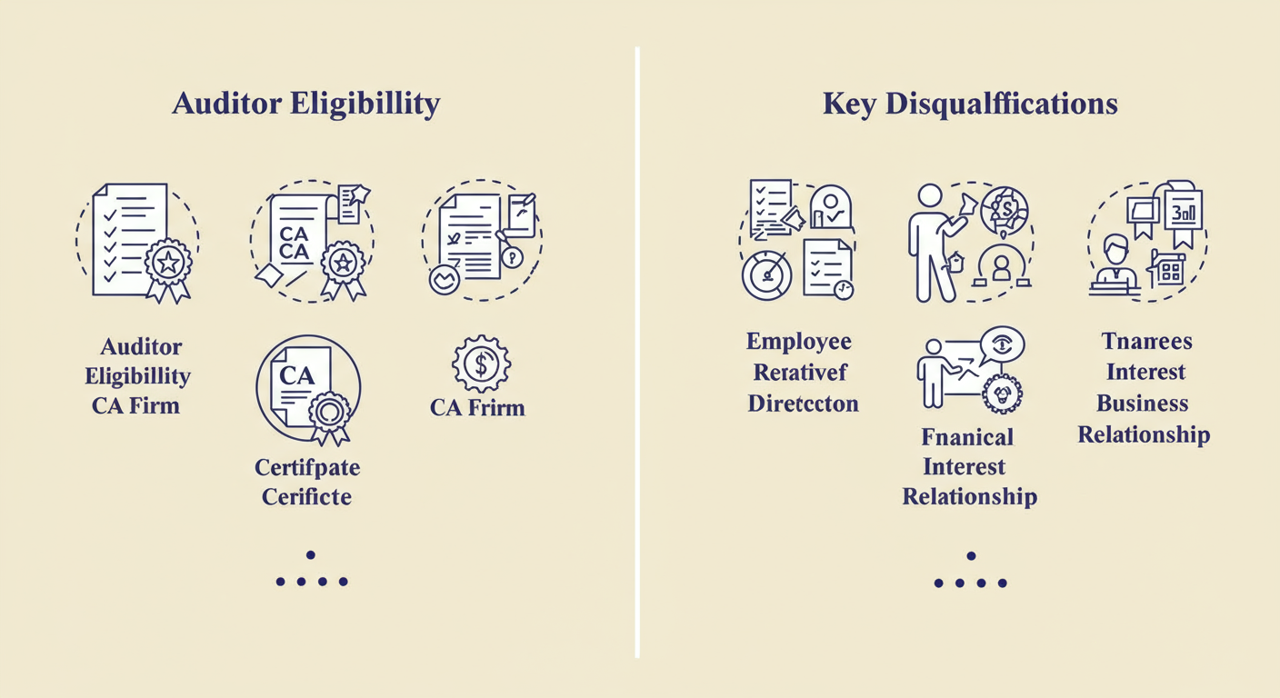 Auditor Appointment in India 2026: The Definitive Guide 3 Appointment of Auditor - A high-quality graphic as a comparison chart. Left side titled '✅ Auditor Eligibility' with icons for 'CA Certificate' and 'CA Firm'. Right side titled '❌ Key Disqualifications' with icons for 'Employee', 'Relative of Director', 'Financial Interest', and 'Business Relationship'.