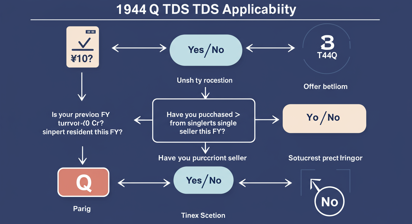 194Q TDS - A clean infographic flowchart showing the decision process for 194Q TDS applicability: 'Is your previous FY turnover > ₹10 Cr?' -> 'Yes/No'. 'Have you purchased > ₹50 Lakh from a single resident seller this FY?' -> 'Yes/No'.