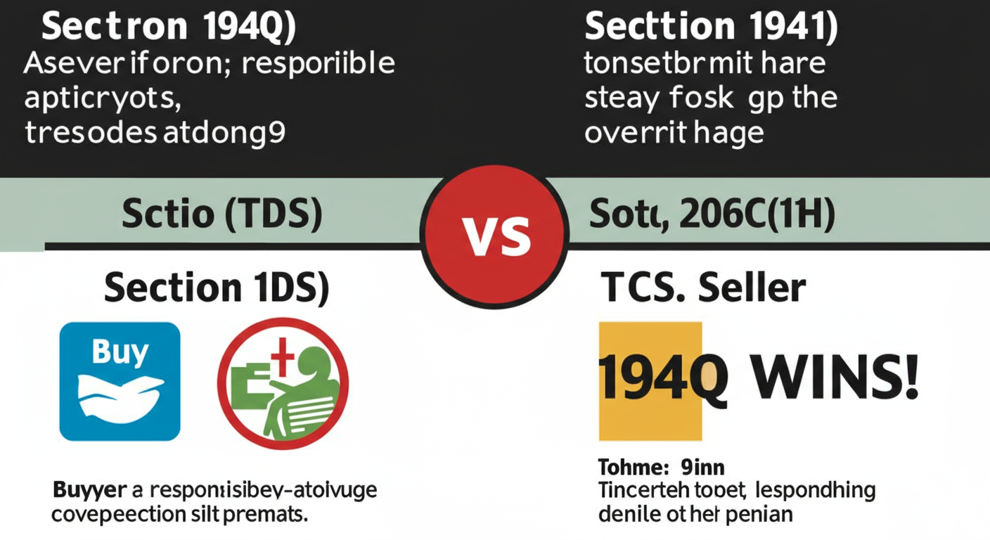 194Q TDS - A high-contrast graphic comparing Section 194Q (TDS) and Section 206C(1H) (TCS), highlighting who is responsible (Buyer vs. Seller) and the overriding principle with a large '194Q Wins!' icon.