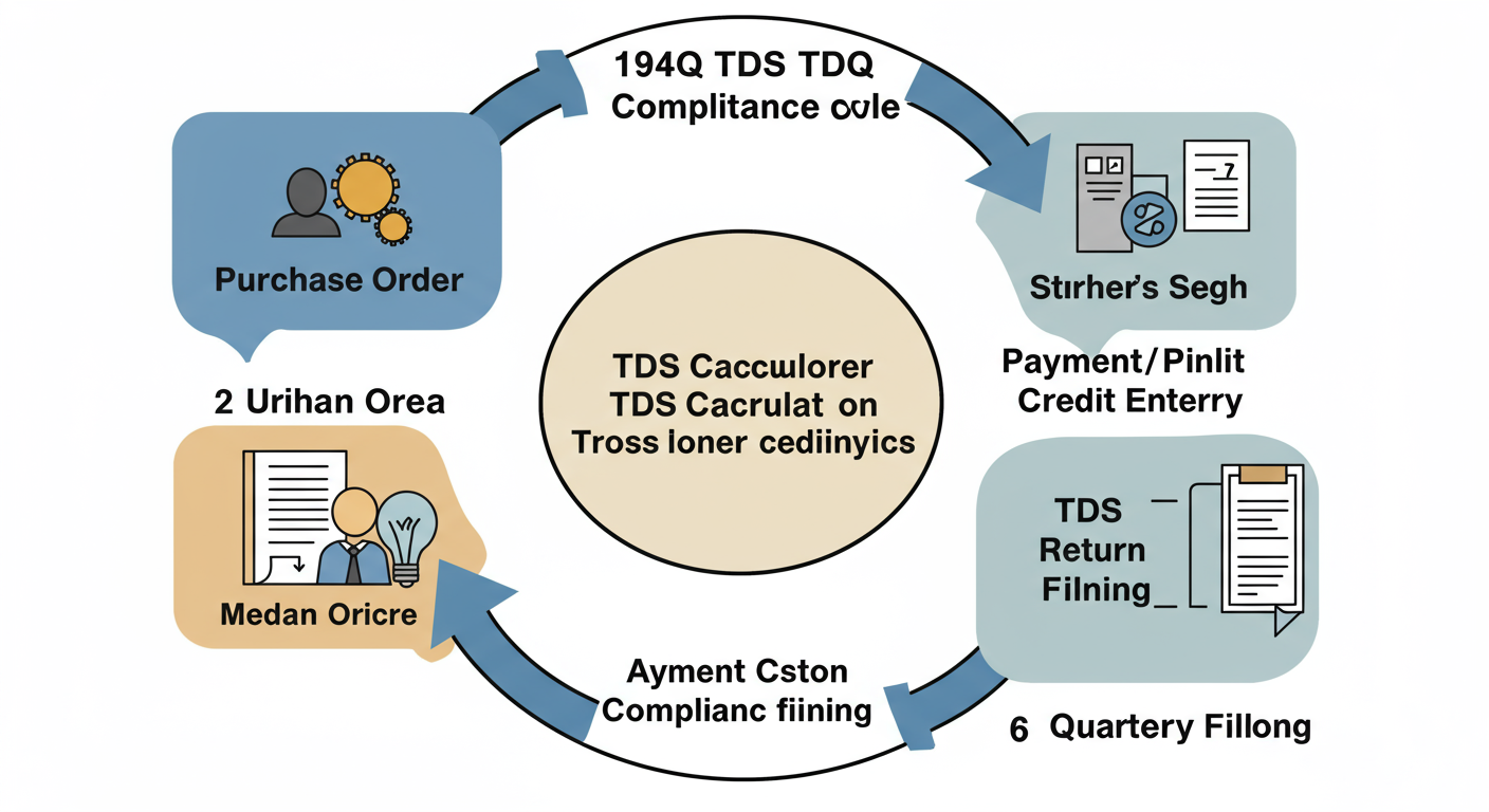 194Q TDS - A step-by-step diagram illustrating the 194Q TDS compliance cycle: 1. Purchase Order, 2. Threshold Check, 3. TDS Calculation, 4. Payment/Credit Entry, 5. TDS Deposit, 6. Quarterly Return Filing.