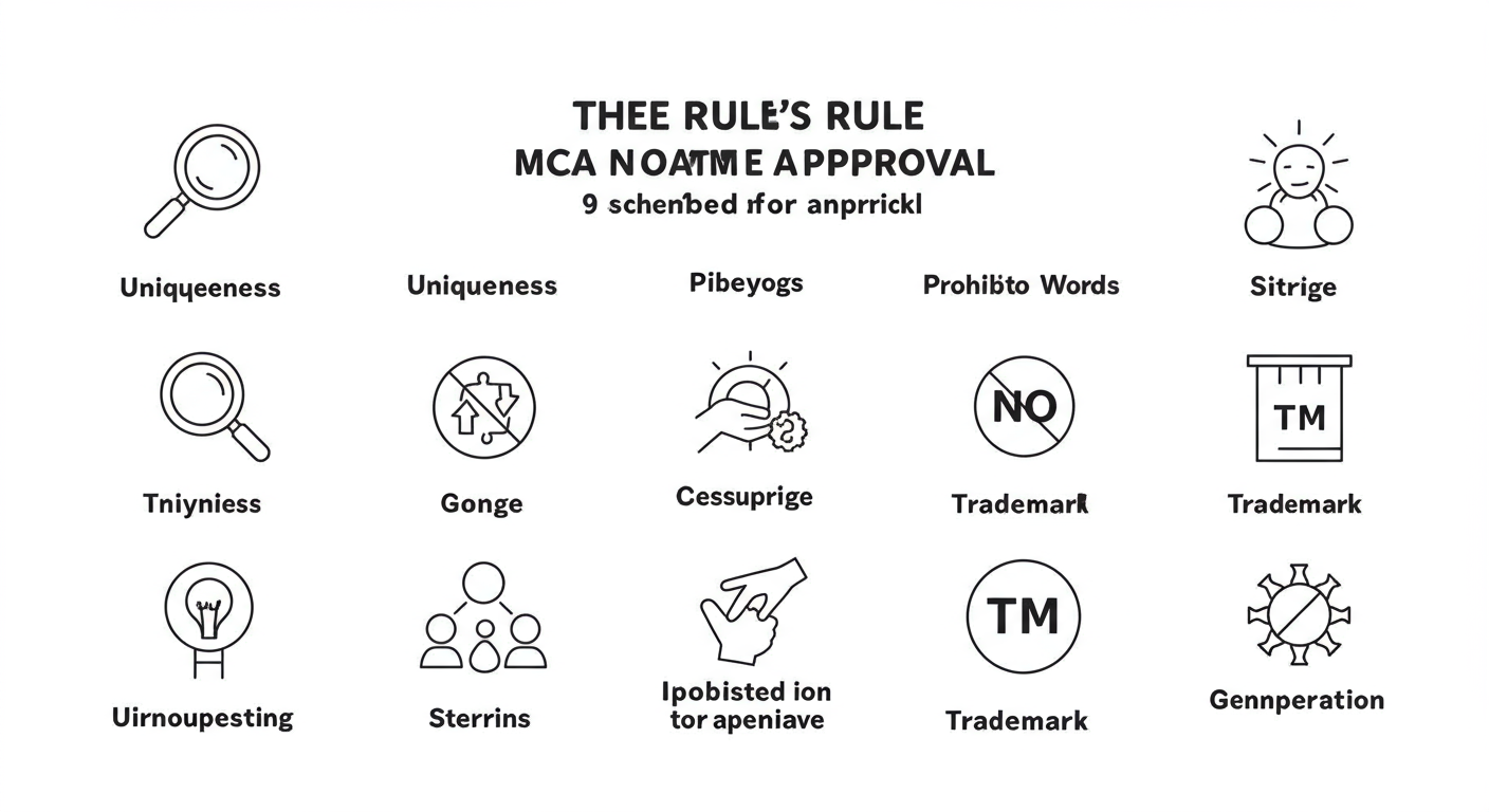 MCA Name Availability - A clean, modern infographic visually representing the 9 rules for MCA name approval. Each rule has a simple icon: a magnifying glass for 'Uniqueness', a 'no' symbol for 'Prohibited Words', a ™ symbol for 'Trademark', etc.