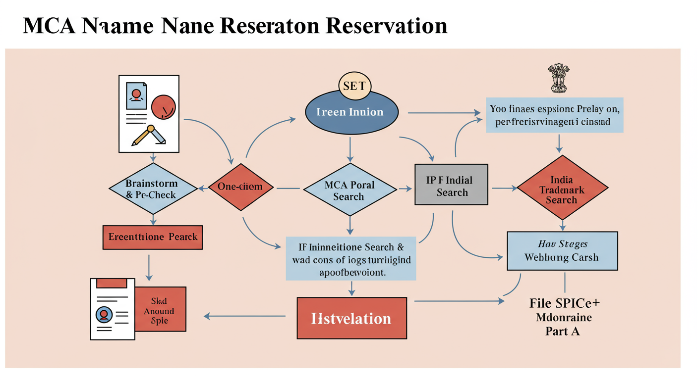 MCA Name Availability - A professional minimalist flowchart showing the 4-step workflow for MCA name reservation: 1. Brainstorm & Pre-Check -> 2. MCA Portal Search -> 3. IP India Trademark Search -> 4. File SPICe+ Part A.