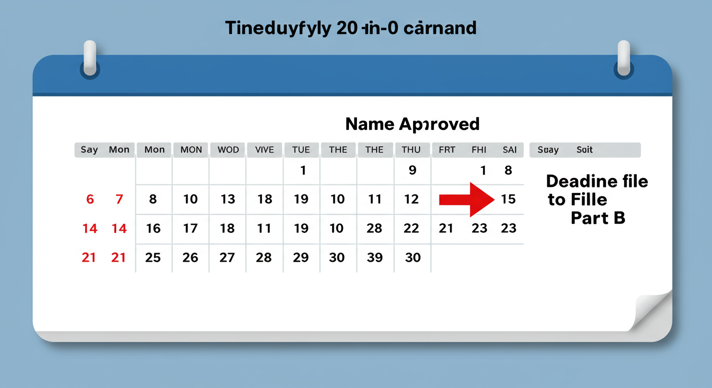 MCA Name Availability - A simple calendar graphic highlighting a 20-day period, with an arrow pointing from 'Name Approved' on Day 1 to 'Deadline to File Part B' on Day 20, emphasizing the time limit.