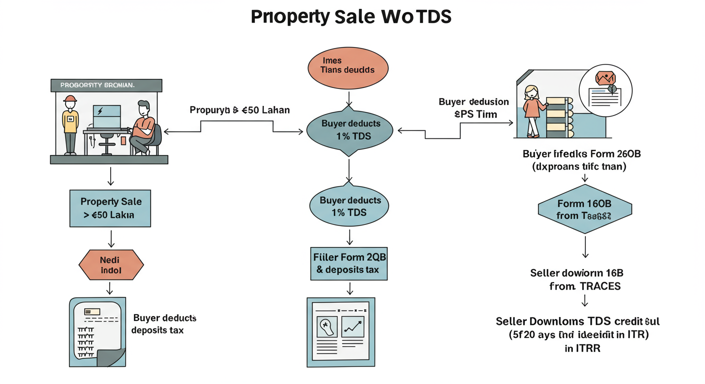 Form 16B password - Professional minimalist flowchart showing the property sale TDS workflow: 1. Property Sale > ₹50 Lakh. 2. Buyer deducts 1% TDS. 3. Buyer files Form 26QB & deposits tax. 4. Seller downloads Form 16B from TRACES. 5. Seller claims TDS credit in ITR.