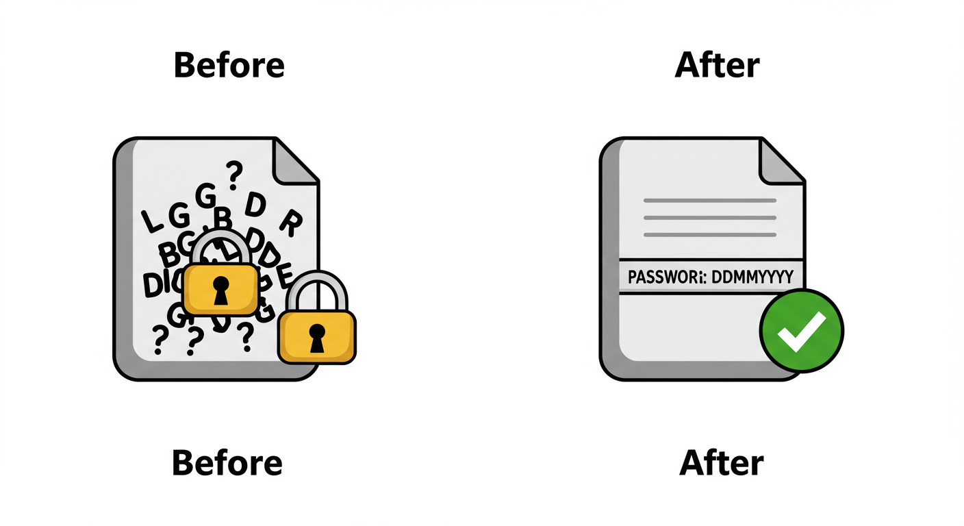 Form 16B password - A simple before-and-after graphic. 'Before' shows a locked PDF icon with a question mark and jumbled letters. 'After' shows an unlocked PDF icon with a green checkmark and the text 'Password: DDMMYYYY' clearly visible.