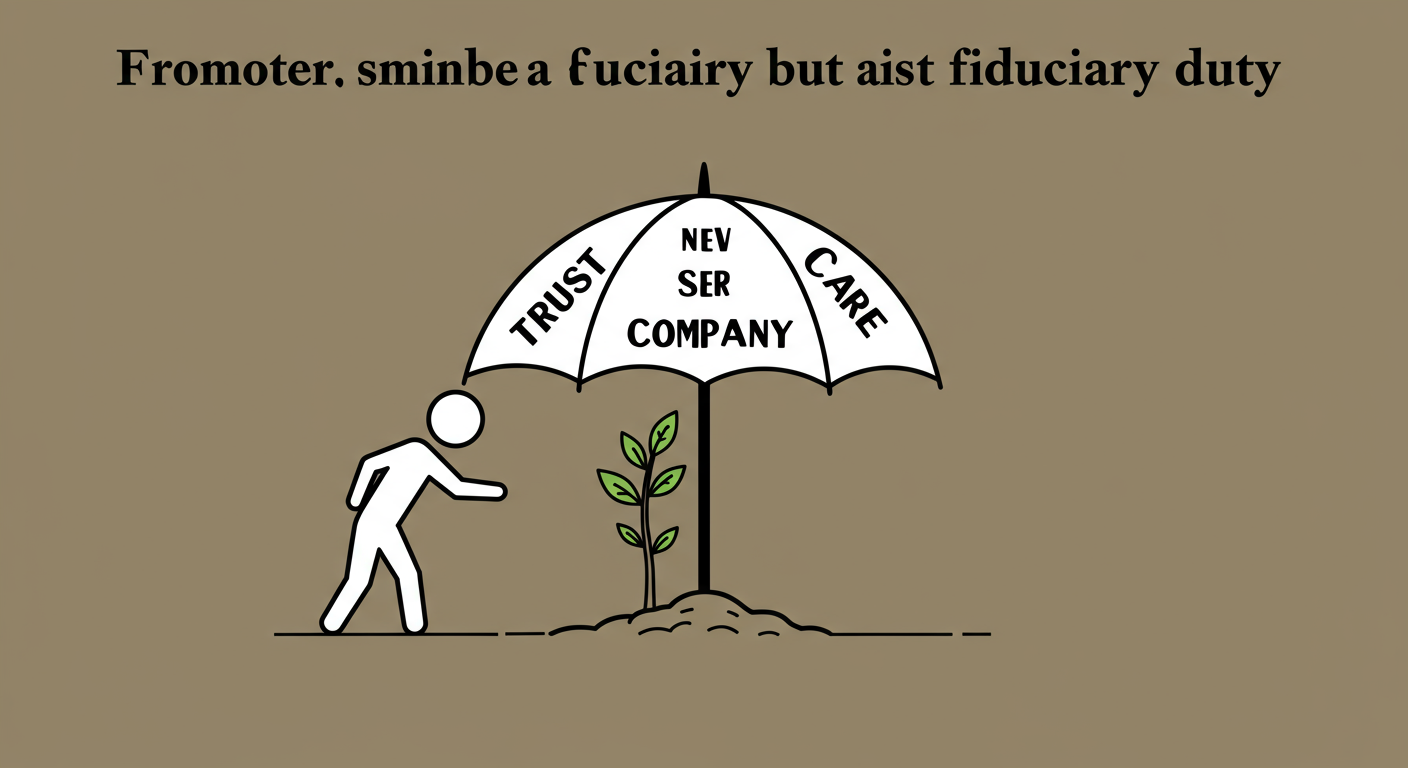 Who is a Company Promoter? 7 Key Roles & Responsibilities (2026) 3 company promoter - A simple, educational graphic illustrating the concept of a fiduciary duty. Show a figure (Promoter) shielding a small sapling (New Company) with an umbrella, with words like 'Trust', 'Loyalty', and 'Care' on the umbrella.