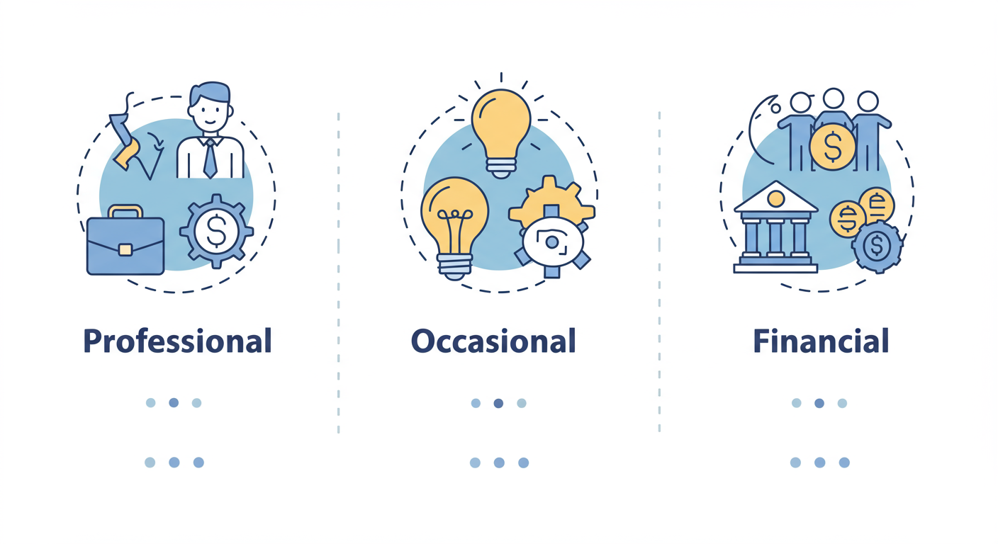 Who is a Company Promoter? 7 Key Roles & Responsibilities (2026) 2 company promoter - A clean, modern infographic comparing the three types of promoters: Professional, Occasional, and Financial. Use icons for each: a briefcase for Professional, a lightbulb for Occasional, and a bank for Financial.