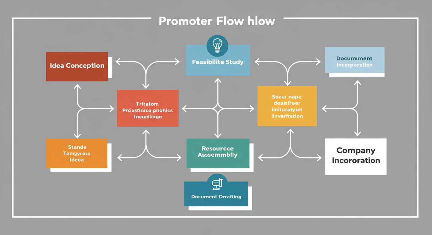 Who is a Company Promoter? 7 Key Roles & Responsibilities (2026) 1 company promoter - Professional minimalist flowchart showing the promoter's workflow, from 'Idea Conception' to 'Feasibility Study' to 'Resource Assembly' to 'Document Drafting' and finally 'Company Incorporation'.