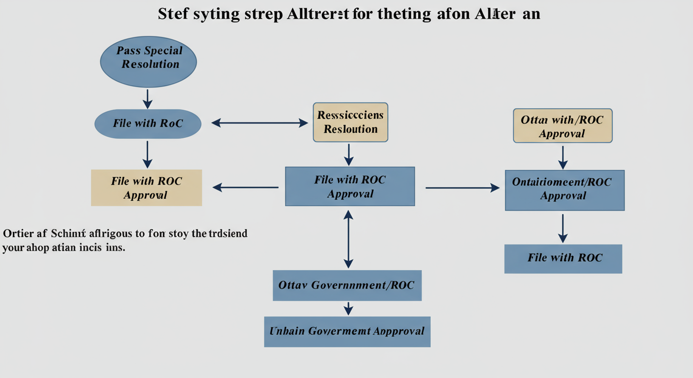 MoA vs AoA (2026): 7 Key Differences You MUST Know 2 difference between memorandum of association and article of association - Professional minimalist flowchart showing the step-by-step process for altering an MoA. Show a split path after 'Pass Special Resolution', with one path going to 'File with ROC' for AoA, and the other going to 'Obtain Government/ROC Approval' before 'File with ROC' for MoA.