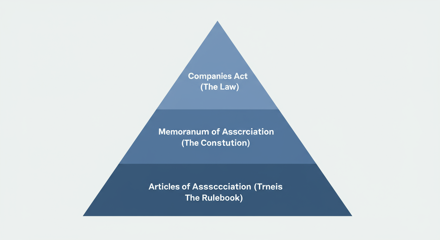 MoA vs AoA (2026): 7 Key Differences You MUST Know 3 difference between memorandum of association and article of association - Simple, clean pyramid diagram graphic. Top tier labeled 'Companies Act (The Law)'. Middle tier labeled 'Memorandum of Association (The Constitution)'. Bottom tier labeled 'Articles of Association (The Rulebook)'.