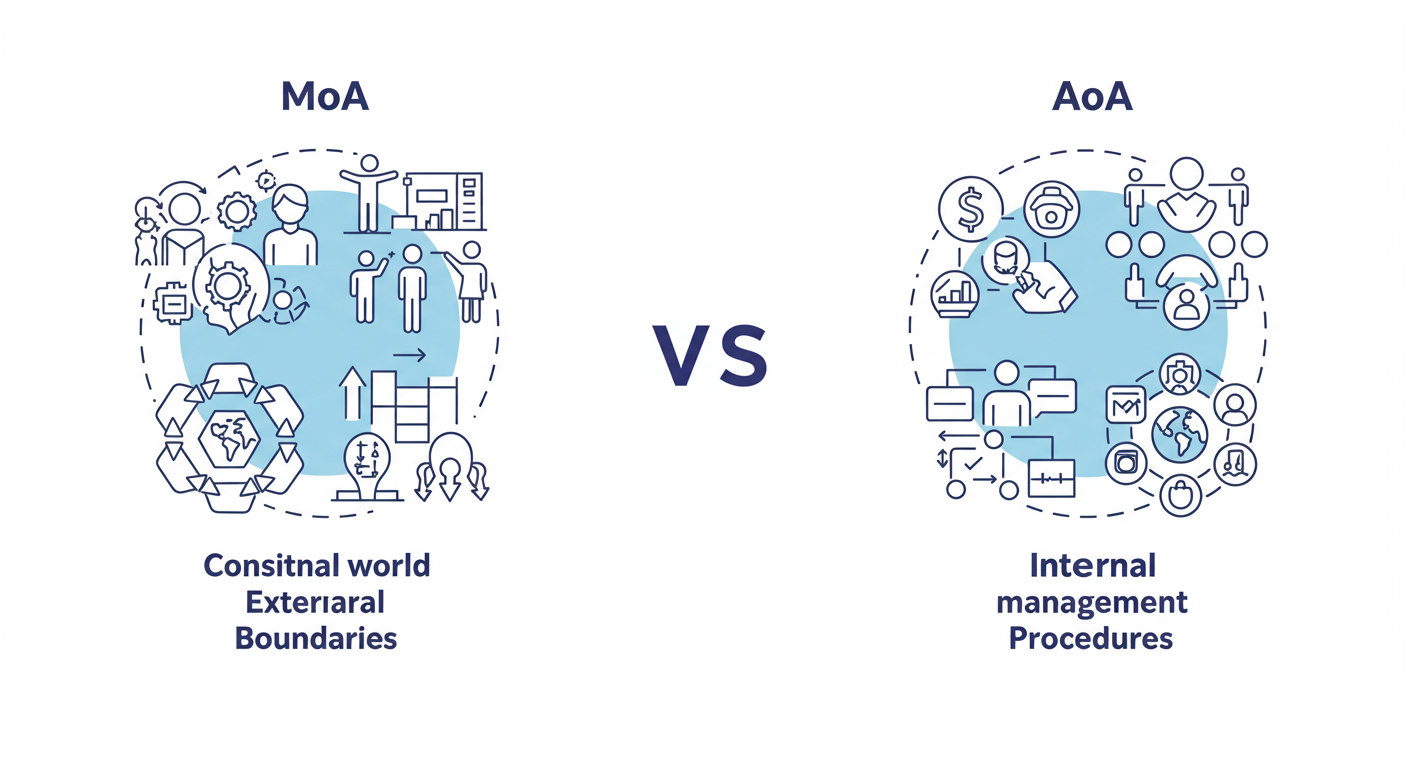 MoA vs AoA (2026): 7 Key Differences You MUST Know 1 difference between memorandum of association and article of association - High-quality infographic visually comparing MoA and AoA. Left side for MoA with icons for 'constitution', 'external world', 'boundaries'. Right side for AoA with icons for 'rulebook', 'internal management', 'procedures'.