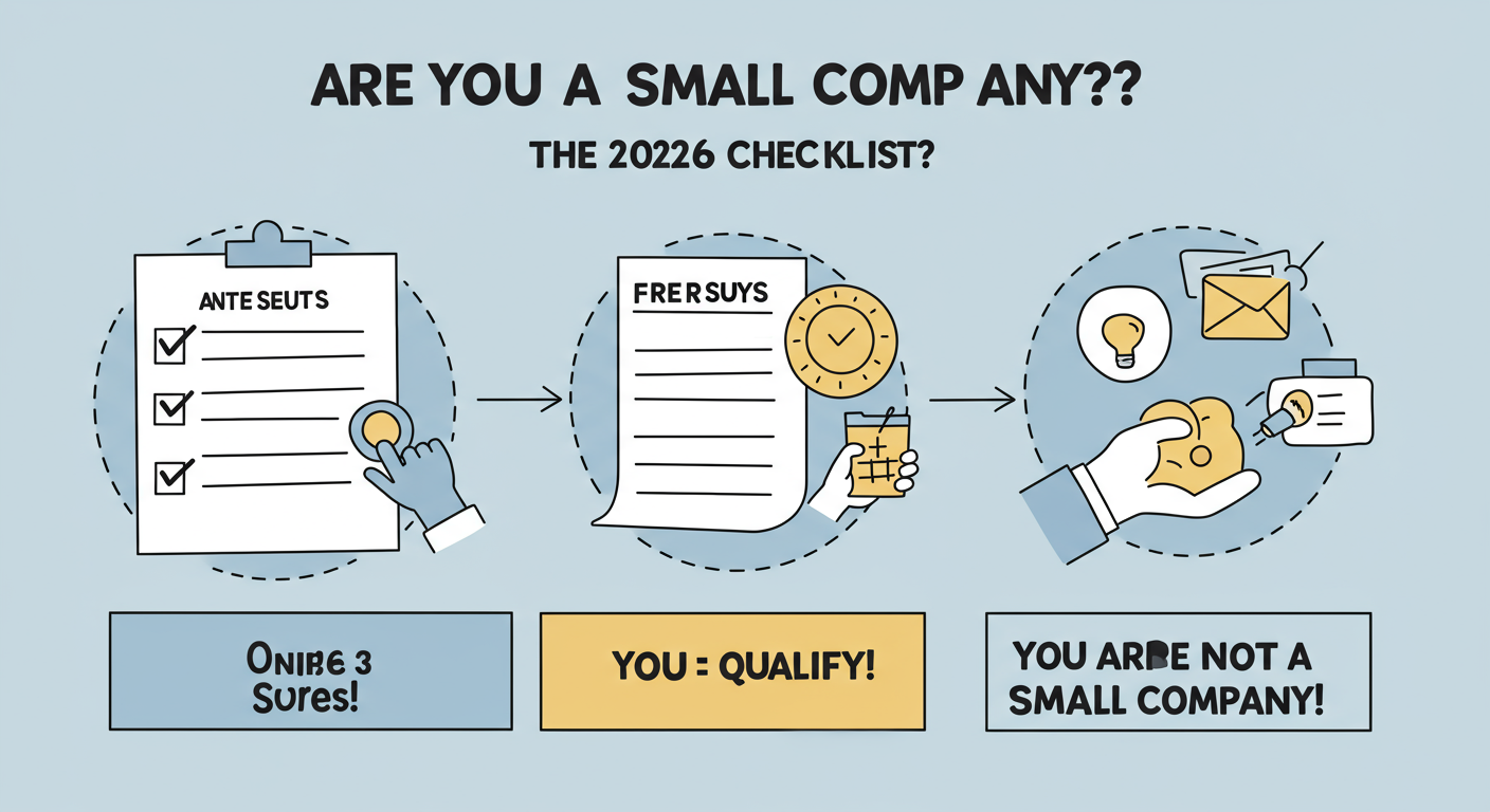 Small Company Definition in India (2026 Criteria): A Guide 3 small company definition - A simple, educational infographic titled 'Are You a Small Company? The 2026 Checklist'. It should visually walk through the 3-step guide with clear 'Yes/No' paths leading to a final 'You Qualify!' or 'You Are Not a Small Company' box.
