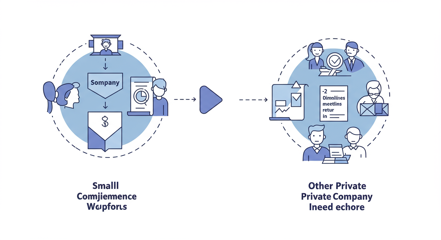 Small Company Definition in India (2026 Criteria): A Guide 1 small company definition - professional minimalist flowchart showing the compliance workflow. One path for 'Small Company' with fewer steps (2 board meetings, simplified annual return). Another path for 'Other Private Company' with more steps (4 board meetings, detailed annual return, etc.).
