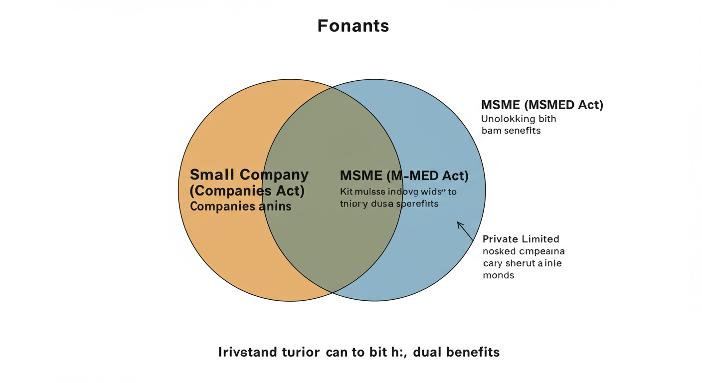 Small Company Definition in India (2026 Criteria): A Guide 2 small company definition - A clean, modern Venn diagram graphic. One circle is labeled 'Small Company (Companies Act)' and lists its key traits. The other circle is 'MSME (MSMED Act)' and lists its traits. The overlapping section highlights that a 'Private Limited Company' can be both, unlocking dual benefits.