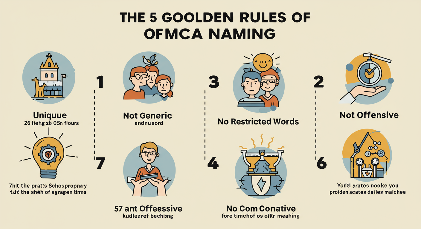 MCA company name search - Detailed infographic titled 'The 5 Golden Rules of MCA Naming'. Each rule (Unique, Not Generic, No Patronage, No Restricted Words, Not Offensive) is represented by a bold icon and a short explanation.