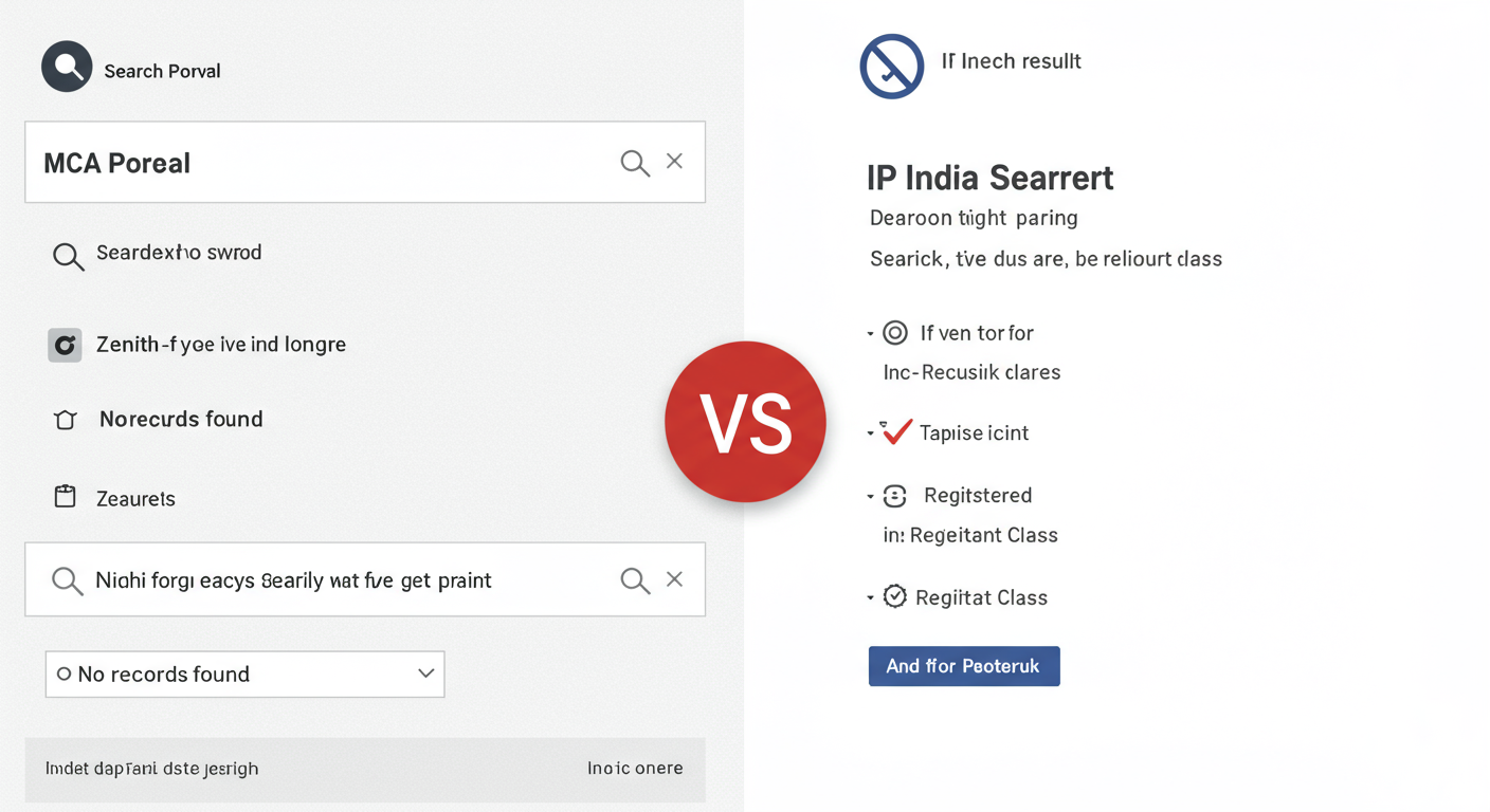 MCA company name search - A high-quality graphic comparing two search result screens side-by-side. Left side shows an MCA portal search for 'Zenith' with 'No records found'. Right side shows an IP India trademark search for 'Zenith' with a 'Registered' trademark in a relevant class, highlighting the conflict.