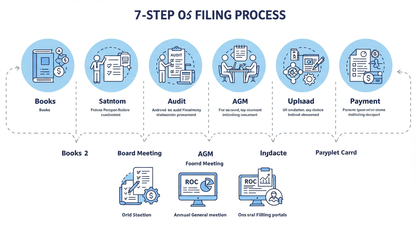 ROC Filing Guide 2026: A 7-Step Plan to Avoid Penalties 2 ROC filing - Clean and modern flowchart diagram illustrating the '7-Step ROC Filing Process', with icons for each step: 'Books', 'Audit', 'Board Meeting', 'AGM', 'Forms', 'Upload', and 'Payment'.