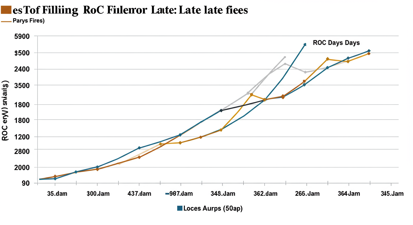 ROC Filing Guide 2026: A 7-Step Plan to Avoid Penalties 3 ROC filing - A dramatic data trend graph showing the linear, upward trajectory of ROC filing late fees over a 365-day period, with callouts at 90, 180, and 365 days showing the total penalty amount.