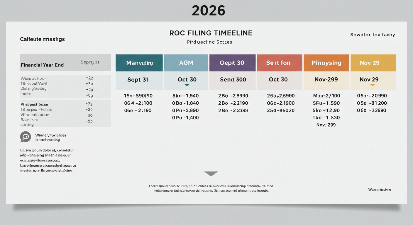 ROC Filing Guide 2026: A 7-Step Plan to Avoid Penalties 1 ROC filing - Professional infographic titled '2026 ROC Filing Timeline' showing the key dates: Financial Year End (March 31), AGM Deadline (Sept 30), AOC-4 Filing Deadline (Oct 30), and MGT-7/7A Filing Deadline (Nov 29).