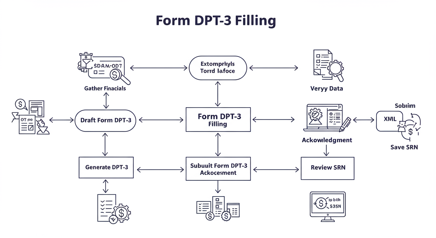 Form DPT 3 Filing in 2026: Your Ultimate Guide to Avoid Penalties 2 Form DPT 3 filing - Professional minimalist flowchart showing the 8-step workflow of Form DPT-3 filing, from 'Gather Financials' to 'Save SRN'.