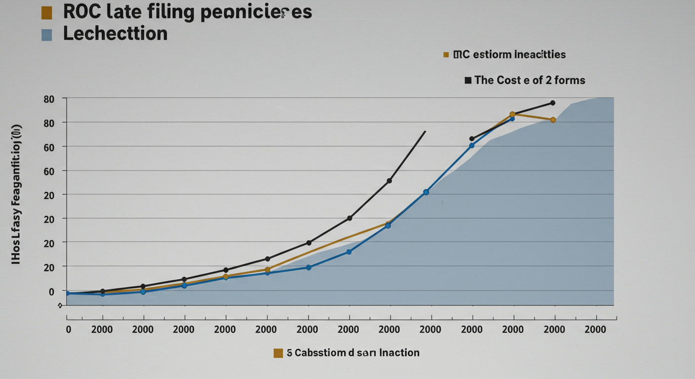 ROC Filing Due Dates 2026: The Ultimate Compliance Calendar 2 ROC filing due dates - A dramatic data trend graph showing the exponential growth of ROC late filing penalties over time, with one line for a single form and another, steeper line for two forms, labeled 'The Cost of Inaction'.