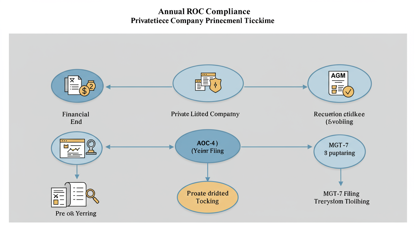 ROC Filing Due Dates 2026: The Ultimate Compliance Calendar 1 ROC filing due dates - Professional minimalist flowchart showing the annual ROC compliance workflow for a Private Limited Company, starting from 'Financial Year End' to 'AGM' and branching to 'AOC-4 Filing' and 'MGT-7 Filing' with their respective timelines.