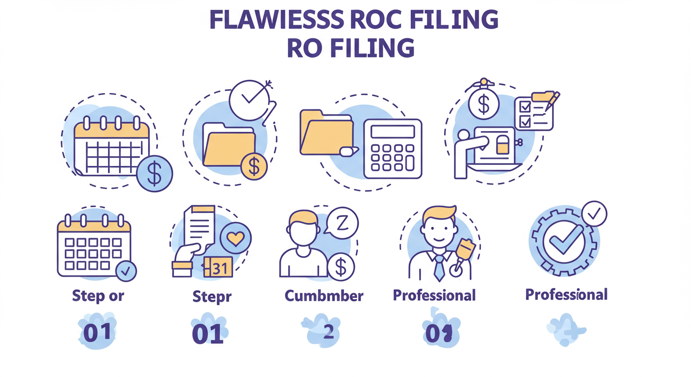 ROC Filing Due Dates 2026: The Ultimate Compliance Calendar 3 ROC filing due dates - A clean, step-by-step diagram illustrating the 5-step process for flawless ROC filing, with icons for each step: a calendar, a folder, a calculator, a professional, and a checkmark.