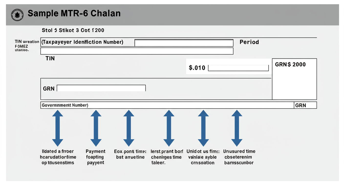Professional Tax Payment Online Maharashtra - A clear, professional graphic of a sample MTR-6 challan, with arrows pointing to and explaining key fields like 'TIN', 'Period', 'Amount', and the 'GRN' (Government Reference Number).