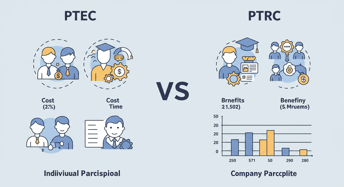 Professional Tax Payment Online Maharashtra - A clean, modern infographic visually comparing PTEC and PTRC side-by-side with icons for 'individual professional' and 'company/employer'.
