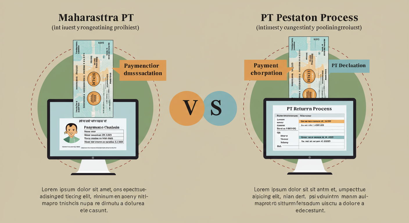Maharashtra PT payment - An educational infographic comparing the Maharashtra PT payment process (the transaction) versus the PT return filing process (the declaration), showing how the payment challan from the first process is a required input for the second.