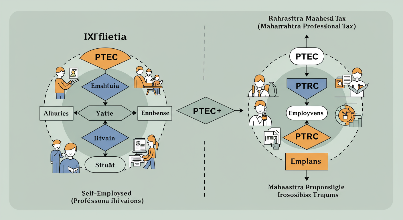 Maharashtra PT payment - Professional minimalist flowchart showing the two paths for Maharashtra Professional Tax: one path for a self-employed individual (PTEC) and another for a company with employees (PTEC + PTRC), highlighting the different responsibilities.