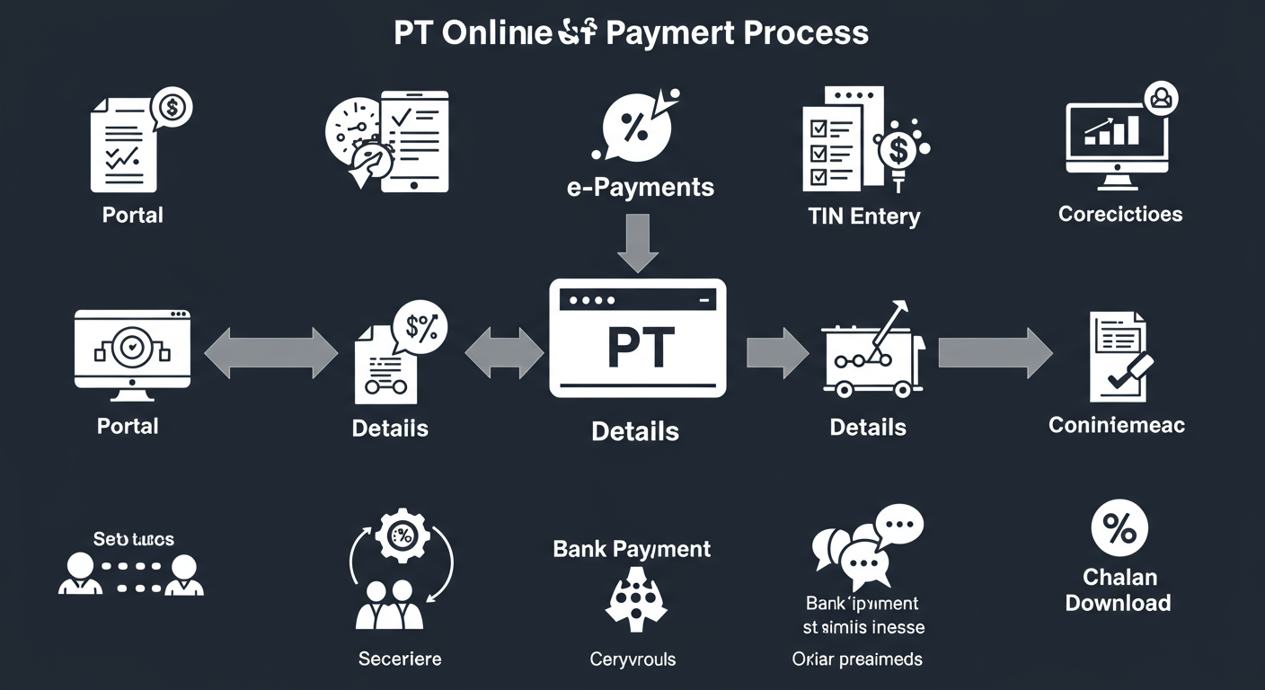 Maharashtra PT payment - A step-by-step diagram illustrating the 7 steps of the online PT payment process, with icons for each stage: Portal -> e-Payments -> TIN Entry -> Details -> GRAS -> Bank Payment -> Challan Download.